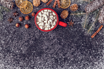 Christmas background with hot cocoa and marshmallow.