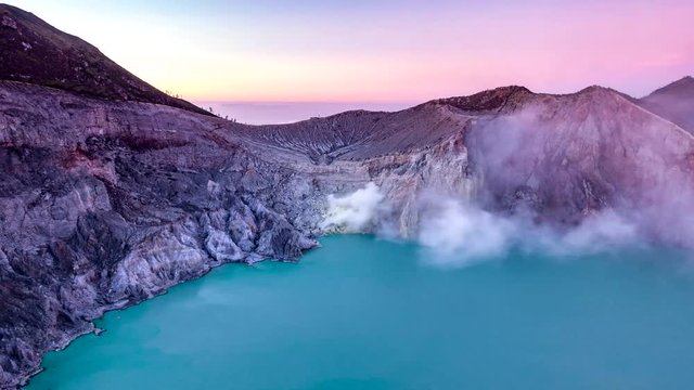 Time lapse Volcanic crater of Kawah ijen volcanos.Kawah ijen is composite volcanoes and Sulfur mining is the famous tourist attraction in the Banyuwangi Regency of East Java, Indonesia.