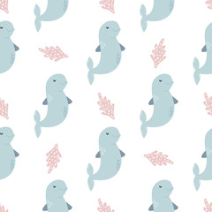 Seamless pattern baby print with cute dolphins