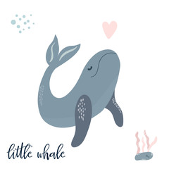 Baby print with blue whale. Hand drawn graphic