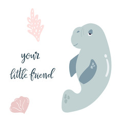 Baby print with cute sea-cow. Hand drawn graphic