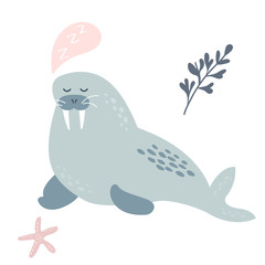 Baby print with dreaming walrus Hand drawn graphic