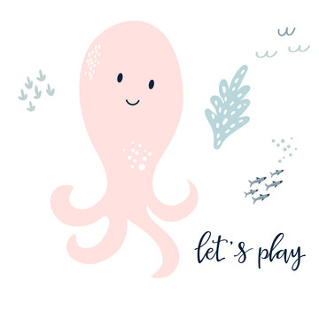 Baby print with cute octopus. Hand drawn graphic