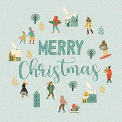 Christmas and Happy New Year illustration whit people. Trendy retro style.