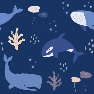 Seamless pattern baby print with whales, dolphins