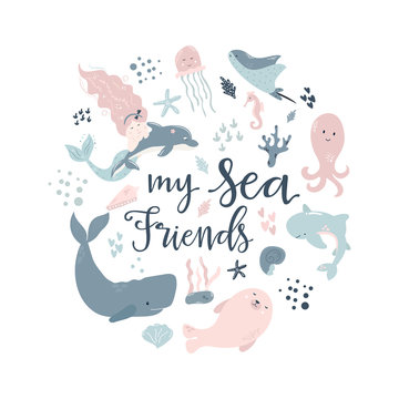 Handdrawn conceptual illustration of sea animals.