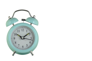 Blue alarm clock with bells on white background