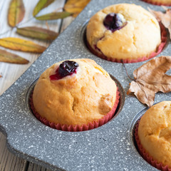 Homemade muffins in baking tin.