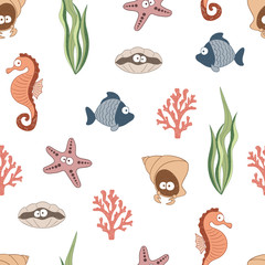 Cute sea animals seamless pattern. Children drawings, underwater life. Vector.