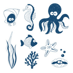 Cute Sea animals set. Doodle children drawings. Vector illustration.