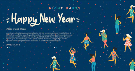 Christmas and Happy New Year illustration with dancing women. Trendy retro style