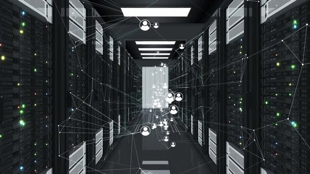 Social Network Human Icons Flowing with Abstract Connections in Datacenter. Looped 3d Animation of Server Racks. Digital Media and Futuristic Technology Concept. 4k Ultra HD 3840x2160.