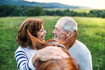 A crazy senior couple standing by a horse outside in nature, looking at each other.