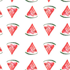 Seamless watercolor pattern with a piece of red
Watermelon, vintage bright drawing of a topical fruit.