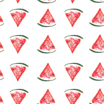 Seamless watercolor pattern with a piece of red
Watermelon, vintage bright drawing of a topical fruit.