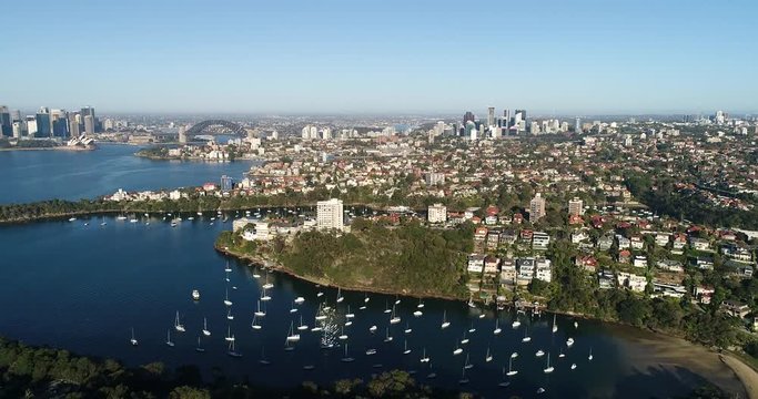Greater Sydney panorama around Sydney harbour from the entrance far to the West and North Shore suburbs &ndash; elevated aerial view on sunny clear day.
