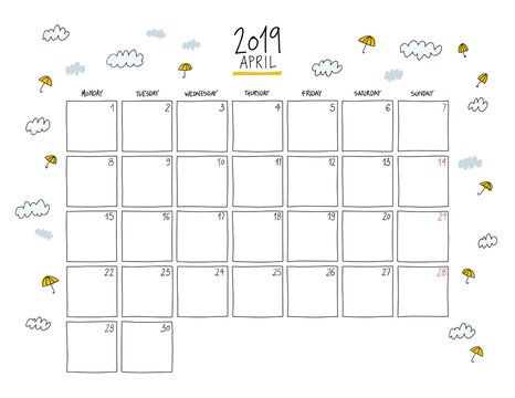 April 2019 Wall Calendar. Doodle Style.