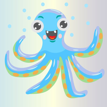 Blue octopus cartoon character. Flat smiling octopus with bubbles, isolated on grey background. Aquatic fauna. Vector animal illustration for children book illustrating.