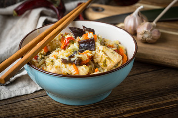 Risotto with chicken and vegetables.