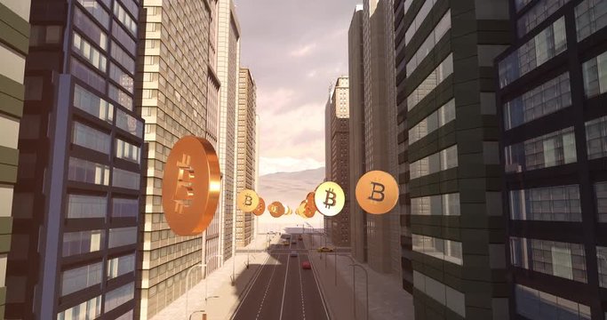 Bitcoin Sign In The City - Digital Currency Related Aerial 3D City Flight Animation To Sky