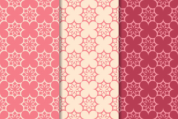 Set of red floral ornaments. Cherry pink vertical seamless patterns