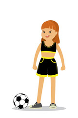 Happy schoolgirl with soccer ball,kid character in front view