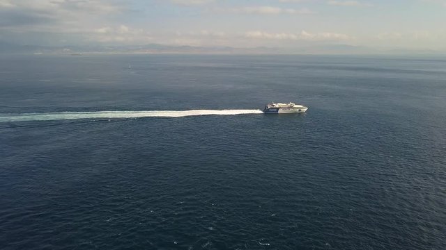 Aerial view of Ferry from Tarifa Cadiz Spain route to Africa Tanger holiday touristic destination and transport