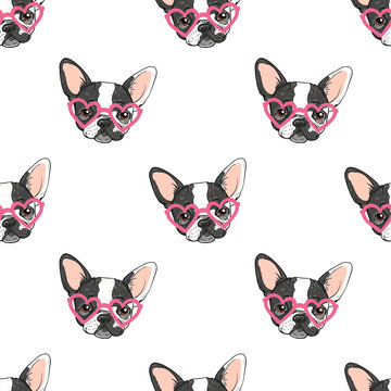 seamless vector pattern with funny french bulldog in glasses on a white background
