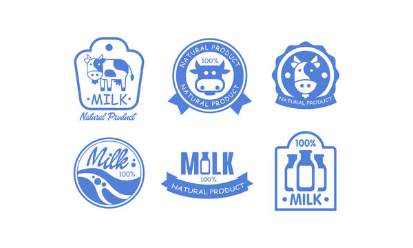 Milk products logos set, fresh dairy natural food label, emblem design in blue colors vector Illustration on a white background