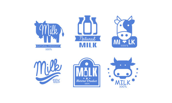 Milk natural products logos set, 100 percent fresh dairy natural food label, emblem design vector Illustration on a white background