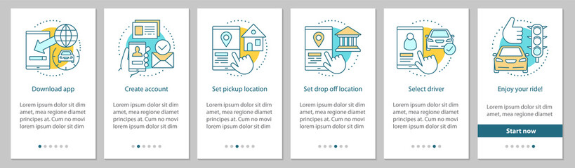 Carpooling onboarding mobile app page screen with linear concept