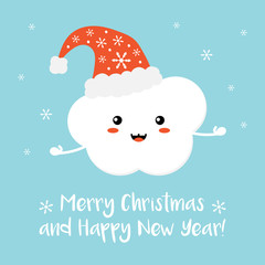 Cute cartoon cloud character in christmas santa hat smiling and wishing Merry Christmas and Happy New Year. Vector illustration, seasonal greeting card.