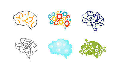 Human brain set, thinking or mind bright sign, creative idea symbols vector Illustration on a white background