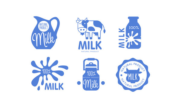 Milk natural products logos set, fresh dairy food label, emblem design in blue colors vector Illustration on a white background