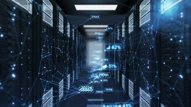 Beautiful Blue Abstract Numbers Moving in Abstract Server Room with DOF Blur. Looped 3d Animation of Datacenter. Business and Futuristic Technology Concept. 4k Ultra HD 3840x2160.