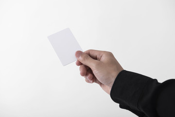 Hand holding credit card for payment money. mockup template isolated on gray background