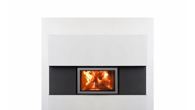Burning fireplace in living room isolated on white. Modern architecture