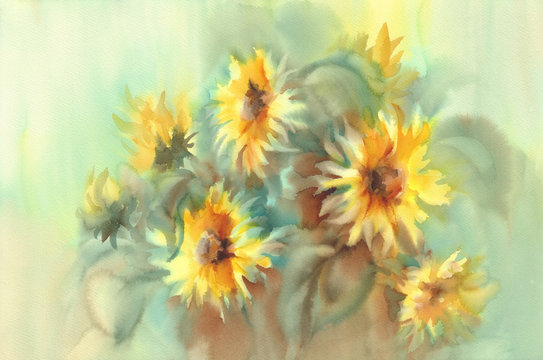 Sunny sunflowers on the yellow and green background watercolor