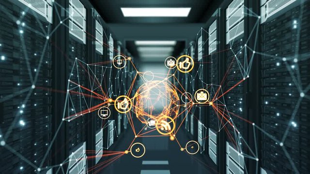 Beautiful Icons Orange Color Changing in Digital Stream. Abstract Datacenter Illustration. Looped 3d Animation. Digital Media and Futuristic Technology Concept. 4k Ultra HD 3840x2160.