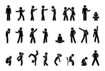 stick figure people pictogram, set of human silhouettes, man icon, various poses, gestures and movements
