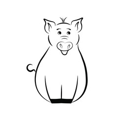 Funny pig in a black contour on a white background. Vector.