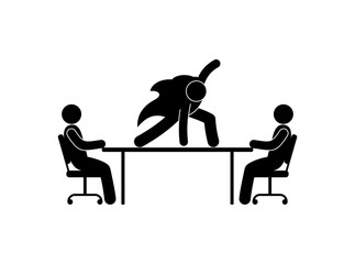 people are sitting at the table, a man in a raincoat is standing on the table