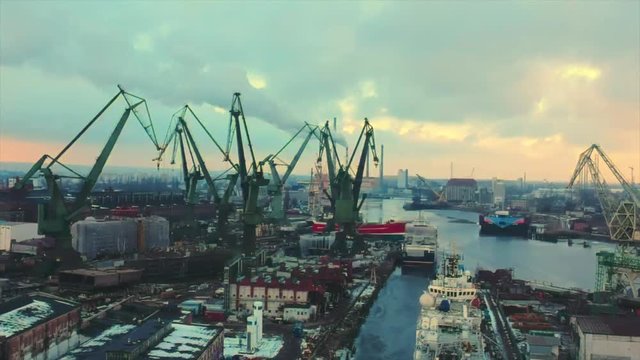 Drone flying around the shipyard