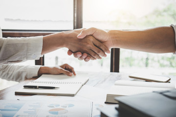 Business handshake after discussing good deal of Trading to sign agreement and become a business partner, contract for both companies, Successful businessman handshake - obrazy, fototapety, plakaty