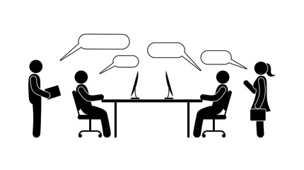 Meeting, business, leadership, decision making, group discussion and workshop. Icon people in the office working at the computer.