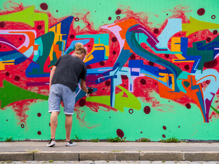 Naklejka premium młody człowiek wykorzystuje swój talent i wyczucie sztuki, aby zastosować to w różnych kolorach na murze miejskim