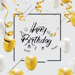 Happy birthday vector Celebration party banner Golden foil confetti and white and glitter gold balloons.