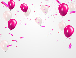 Pink White balloons, confetti concept design sale template Happy Valentines Day, greeting background. Celebration Vector illustration.