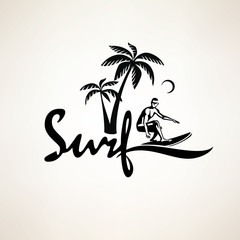 surf rider symbol, print template, stylized vector silhouette of surfer