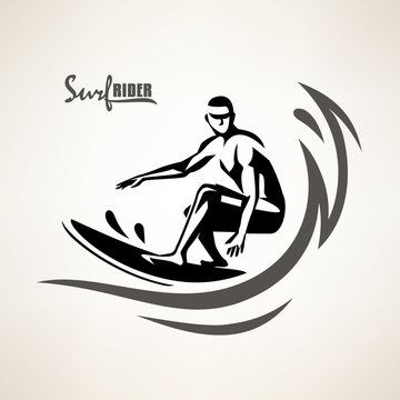 surf rider symbol, print template, stylized vector silhouette of surfer